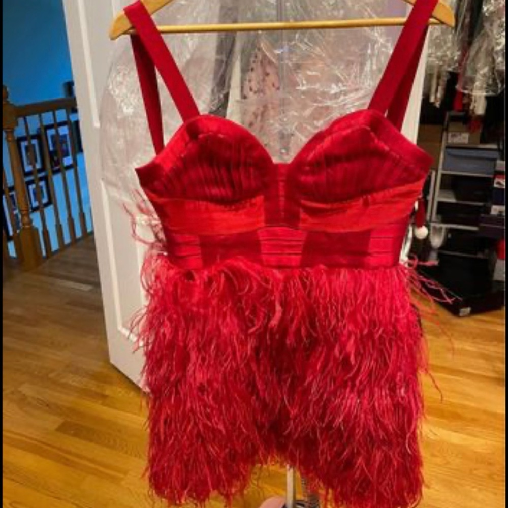 Red ostrich feather mini dress Bebe